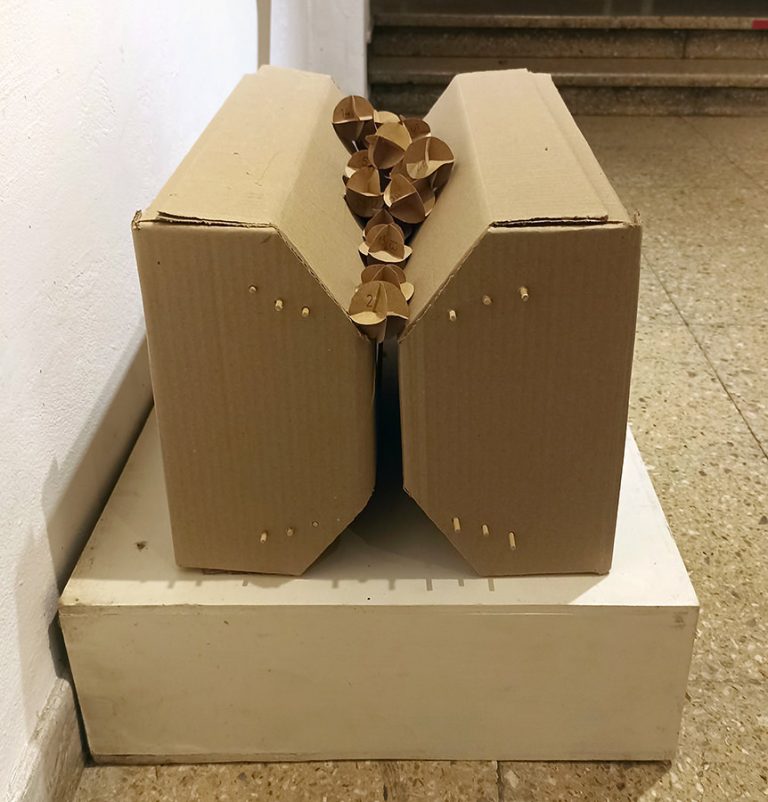 Objekt aus Karton in dem ein Haufen kleiner Kartonkugeln liegen